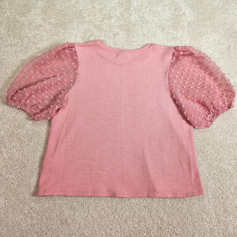 Maeve By Anthropologie Top L Pink Swiss Dot Puff Sleeve Fairy Romantic Crew Neck - Picture 2 of 6
